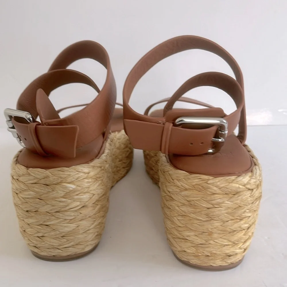 DONNA KARAN Pure $210 Lolah Ankle Strap Raffia Platform LEATHER Sandals Size 10